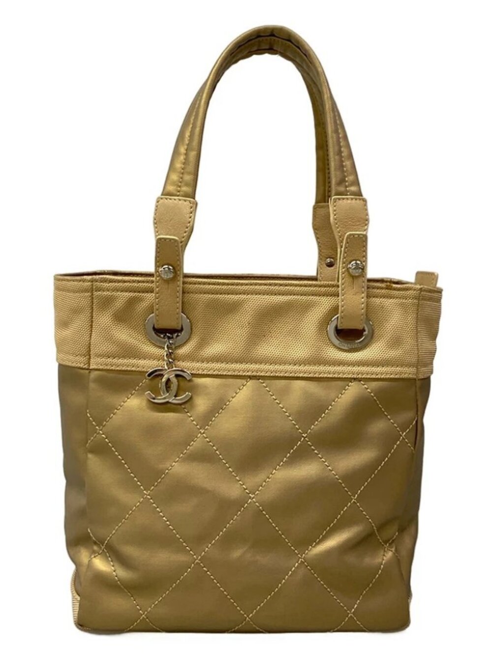 CHANEL Paris Biarritz Tote PM A34208 Gold Coated Canvas Nylon Leather Tote Bag